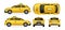 Taxi yellow car with side, front, back and top. City transport taxi icon set for mobile, web, promotions. Taxi cab isolated on