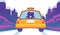 Taxicab with couple in cartoon style. Love taxi on flat city skyline background. Cab on road vector romantic