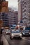 Taxis and cars on Gran Via street in Madrid, Spain, motion blur