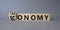 Taxonomy and economy symbol. Turned cubes with words Economy and Taxonomy. Beautiful grey background. Business and Taxonomy and