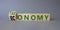 Taxonomy and economy symbol. Turned cubes with words Economy and Taxonomy. Beautiful grey background. Business and Taxonomy and