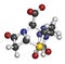 Tazobactam drug molecule. Inhibitor of bacterial beta-lactamase enzymes. 3D rendering. Atoms are represented as spheres with.