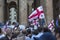 Tbilisi, Georgia - June 20, 2019: Georgian and EU flags.Anti Russian protests in front of the Parliament of Georgia