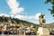 Tbilisi, Georgia - October 06, 2018: View on Old city landscape from Metekhi church plateau and Vakhtang Gorgasali on horse statue