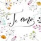 Te amo - i love you in Spanish language. Modern calligraphy for Valentine`s day card. Vector typography and wild flowers