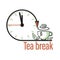 Tea break. Clock, tea time icon, emblem. Green tea. Cup, green fresh mint leaves. Design for web