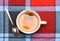 Tea brew concept. Mug filled with boiling water, teabag and spoon on colorful plaid background. Process of tea brewing