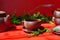 Tea ceremony. Cup of tea with mint on Red background. Breakfast time. National tradition. Healthy lifestyle. Hot drink background.