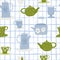 Tea ceremony doodle seamless pattern. White background with check. Green and blue cups and teapots
