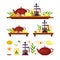 Tea ceremony - teapot, french press, lemon, cup, lemon, candy. Flat vector icon illustration, compilation set