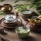 A tea ceremony with traditional Japanese teacups, a teapot, and bamboo utensils2