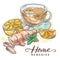 Tea with chamomile, lemon, ginger and mint. Home remedies treatment for colds, flu, coughs. Vector sketch illustration