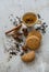 Tea, cinnamon, vegan cookies and anise on wooden backgroun