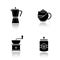 Tea and coffee drop shadow black icons set