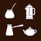 Tea and coffee making facility flat white icons. Yerba mate calabash, teapot, french press, turkish cezve