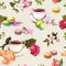 Tea, coffee pattern - flowers, croissant, teacup, macaroon cakes. Watercolor. Seamless