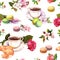 Tea, coffee pattern - flowers, croissant, teacup, macaroon cakes. Watercolor. Seamless