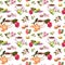 Tea, coffee pattern - flowers, croissant, teacup, macaroon cakes. Watercolor. Seamless