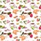 Tea, coffee pattern - flowers, croissant, teacup, macaroon cakes. Watercolor. Seamless