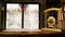 Tea coffee shop blurred background, wooden bar. Bamboo serving mat and bell with Chinese character wishes of happiness, good fortu