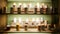 Tea coffee shop interior blurred abstract background, shelves with samples, back light. Assortment.