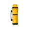 Tea or coffee thermos with handle. Yellow aluminum vessel for hot drinks. Flat vector element for poster of tourist shop