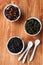 Tea composition. Assortment of dry tea green oolong, black and fruit. Selective focus. Top view