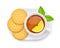 Tea cup and biscuit on plate. Traditional hot drink. Vector illustration.