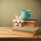 Tea cup on books with wooden snowflake