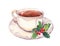 Tea cup with christmas mistletoe. Watercolor