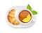 Tea cup and croissant on plate. Traditional hot drink. Vector illustration.