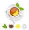 Tea cup with fresh green and dried leaves. Vector illustration.