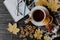 Tea cup near scarf making composition, top view. Cup of tea with slice of lemon put near beautiful leaves. Hot beverage with sugar