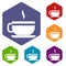 Tea cup and saucer icons set hexagon