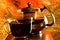 Tea in a Cup and teapot on the background of rainbow lights. Tea is a popular healthy drink obtained by brewing and infusing a