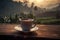 Tea cup with on the wooden table and the tea plantations background. Generative AI