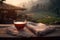 Tea cup with on the wooden table and the tea plantations background. Generative AI