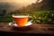 Tea cup with on the wooden table and the tea plantations background. Generative AI