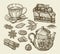 Tea, dessert, food. Hand drawn pie, pasty, piece of cake, cup, teapot, anise, cinnamon, chocolate sweets. Sketch vector