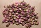 Tea from dried buds and petals of a lilac damask rose lies on a paper background top view