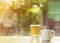 tea drinks with windows glass with gradient bokeh lights backgrounds