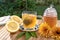 Tea filter ball falling into a glass of hot water