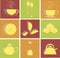 Tea flat icons on red, green and orange background, square