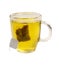 Tea glass of green tea with teabag on white backgr