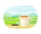 Tea Green Terrace Field Plantation and Ceramic Mug with Hot Aromatic Beverage Brewing Vector Illustration