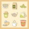 Tea, herbal kettle product pack leaf cups and sugar icons line and fill