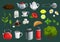 Tea icons of cups, teapot, leaves, sugar, teabags