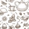 Tea kettle and beverage poured in mug monochrome sketch outline
