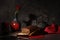 Tea Loaf, Red and Black Vase, rose, black cast iron teapot and knife