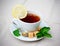 Tea with mint, brown sugar and lemon on table. Selctive focus